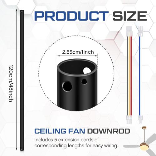VIHOSE 48 Inch Ceiling Fan Downrod with Extension Cord 4 ft Black Downrod for Ceiling Fan 1 Inch Outside Diameter Not Threaded Suitable for a Wide Range of Fans *missing pieces*