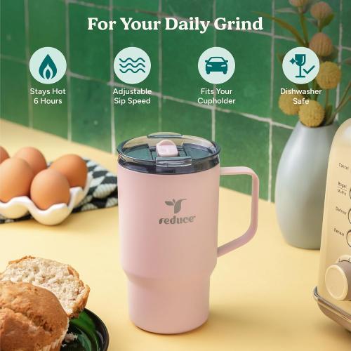 REDUCE 18 oz Hot1 Stainless Steel Insulated Mug with Temperature Adjusting Lid - Dual-Wall Vacuum, Cupholder Friendly - Keeps Drinks Hot for 6 Hours - Ideal for Coffee, Tea & Other - Pink Salt