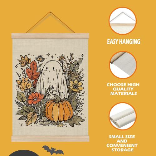Z0FGU0 Fall Pumpkin Ghost Halloween Wall Art, Rustic Autumn Fall Floral Botanical Poster Hanger Frame, Spooky Halloween Ghost Wall Decor for Home Living Room Bedroom, 12x16 Inch