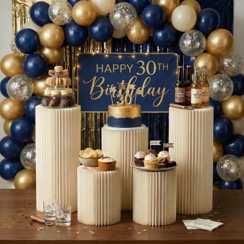 Cylinder Stands for Party, Shape&Use 5PCS Round Cream White Pedestal Display Stands, Foldable Cardboard Columns for Wedding, Birthday, Anniversary Decor, 11.8in Dia. (15.7*2/23.6/31.5*2in H) with Storage Bag