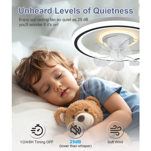 White 20 360° Rotation Low Profile Ceiling Fans with Lights and Remote Ultra Quiet Energy Efficient Dimmable 3 Color Reversible Motor, 20 Flush Mount Ceiling Fan with Lights for Bedroom Living Room Kitchen