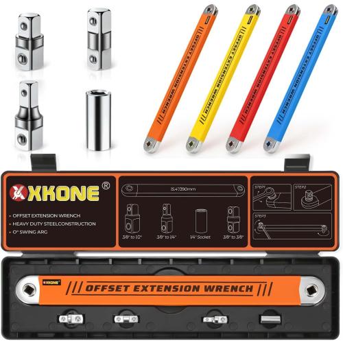 Offset Extension Wrench Set,3/8 Drive Wrench with 1/4,3/8,1/2 Square Drive Adapters and 1/4 Socket for Tight Spaces.