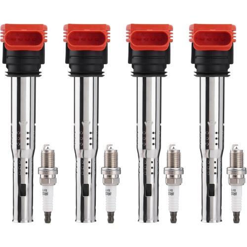 Ignition Coil Packs UF529 & Spark Plugs Set of 4,Compatible with Audi Volkswagen VW 2005-2016 A3 A4 A5 R8 A6 A7 Q7 S4 TT 2006-2016 Jetta MK5 MK6 GTI Rabbit Golf Passat CC Tiguan,OE Replace C1631 UF575