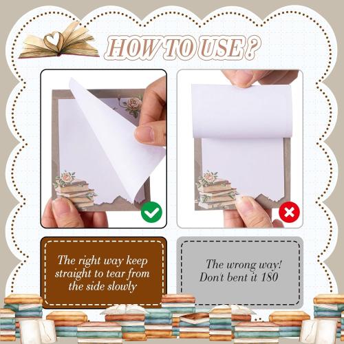Sabary 9 Pads Cute Sticky Notes Animal Sticky Note Pads 3.15 x 3.94 Inches Colored Adhesive Memo Reminder Decor for Journal School Office Gifts(Book Lover)
