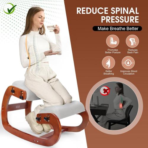 Ergonomic Kneeling Chair,Adjustable Height Kneeling Chair Improve Posture and Relife Back Pain,Soft Memory Arc-Pad and Wood Rocking Knee Chairs,Ideal for Office Home Desk,Brown
