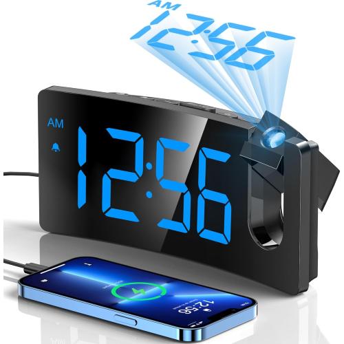 GOLOZA Projection Alarm Clock, Digital Clock with 180° Rotatable Projector, 3-Level Brightness Dimmer, Clear LED Display, USB Charger, Progressive Volume, 9mins Snooze,12/24H, for Bedroom