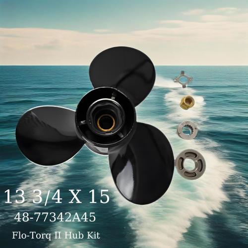 48-77342A45 Propeller 13 3/4 X 15 for Mercury Outboard 40 50 60 70 75 80 90 100 115 125 140 HP Boat Motor Engine Aluminum Prop 15 Spline Tooth RH with Flo-Torq II Hub Kit