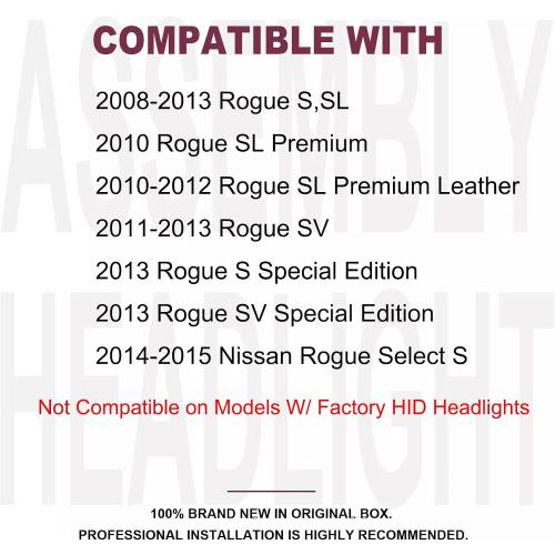Pair Headlights Assembly set OE Style For 2008 2009 2010 2011 2012 2013 Nissan Rogue S SL SV Krom/2014 2015 Nissan Rogue Select S Replacement Halogen Headlamps Black Housing Clear Lens(LH&RH)