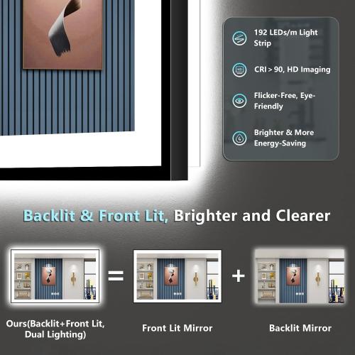 55x40 Black LED Bathroom Mirror, Backlit & Front Lit Lighted Mirror | Metal Framed Anti-Fog Vanity Mirror with Lights, 3 Color Dimmable, Memory, HD Tempered Glass, CRI95, UL Listed, Wall Mounted