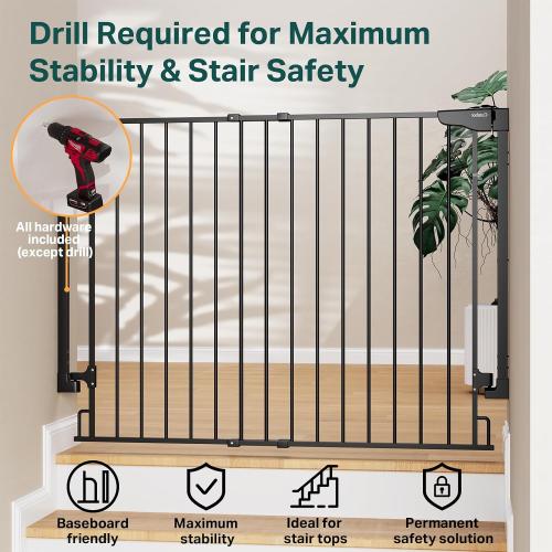 Cumbor 34 Extra Tall No Bottom Bar Baby Gate for Stairs, Hardware Mounted Dog Gate Indoor for Larger Pets, Expandable 31.6-48 Safety Gate for Doorways, Wide Walk Thru Door for Easy Access (Black)