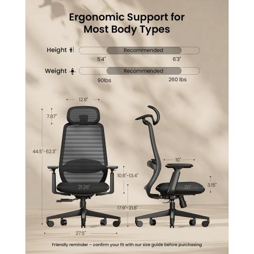 ProtoArc Ergonomic Office Chair – EC200 High-Back Mesh Computer Chair with Lumbar Support, 3D Adjustable Headrest & Sliding Seat for 8  Hour Comfort, Big & Tall Home Office Desk Chairs - Black