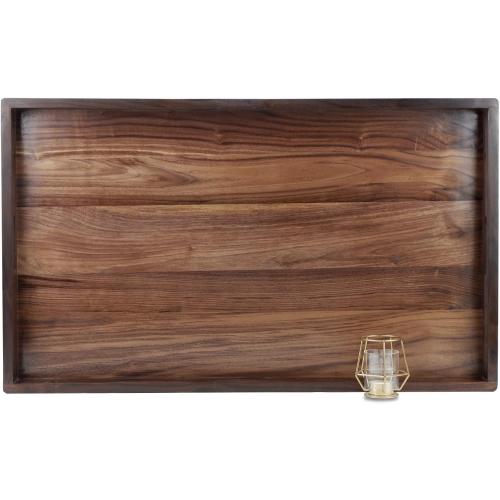 34 x 20 Inches Extra Large Rectangle Black Walnut Wood Ottoman Tray with Handles, Serve Tea, Coffee Classic Wooden Decorative Serving Tray