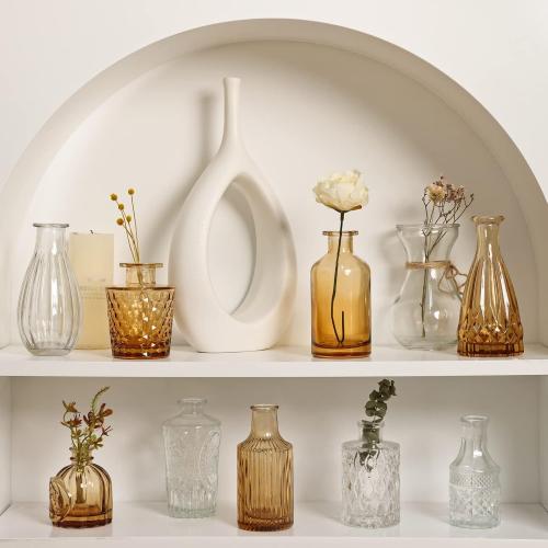 CUCUMI 14pcs Glass Bud Vase Set, Small Amber Vases for Centerpieces in Bulk, Vintage Glass Flower Vases for Wedding Home Table Party Decor
