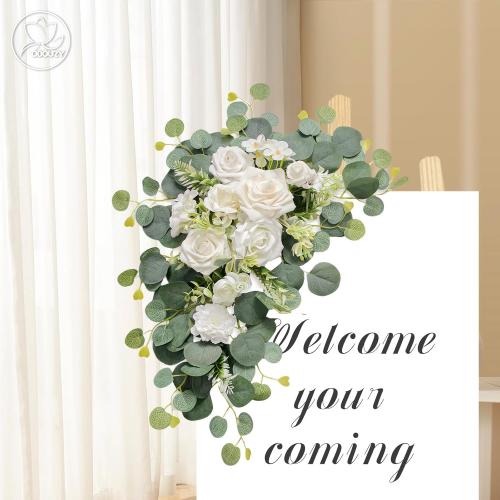 Artificial Wedding Arch Flowers for Wedding Sign,Set of 2 for Wedding Welcome Ceremony Sign,Faux Floral Swags,Wedding, Banquet and Reception Backdrop Floral Decoration (White)
