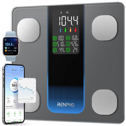 Color Grey RENPHO Smart Scale for Body Weight, Weight Scale with 7-in-1 Large Display for BMI, Body Fat, Muscle Mass, 13 Body Composition, High Accurate Bluetooth Scale, 500lbs, 11.8, Elis 2XL
