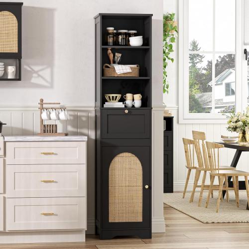 Size 67H Color Black Bathroom Storage Cabinet with Rattan Doors and Slide Storage, Tall Narrow Standing Tower Cabinet with Adjustable Shelves, Small Bathroom Floor Organizer for Entryway, Kitchen, Black