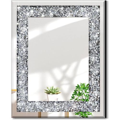 Size 16x20x1 Rectangle Sparkling Decorative Wall Mirror for Home Decoration with Silver Crystal Crush Diamond Décor, Dimention16x20x1 inch, Wall Hang Frameless Mirrors Glass Diamond Décor.