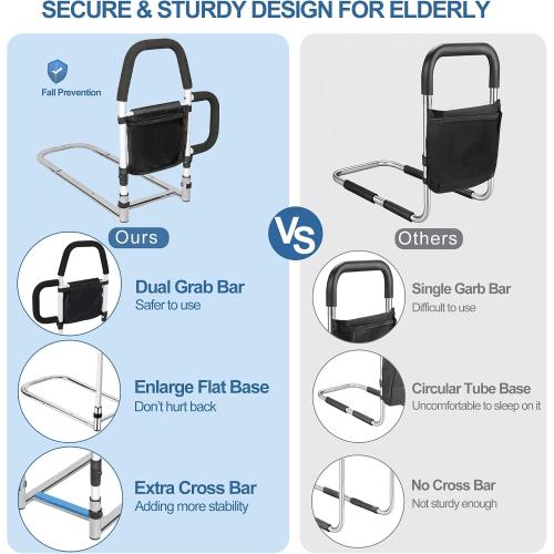 Bed Rails for Elderly Adults Safety with Storage Pocket, Assist Rail with Dual Grab Bars for Easily Getting in & Out of Bed, Bed Rail Fits King, Queen, Full, Twin Bed,Support Up to 300lbs