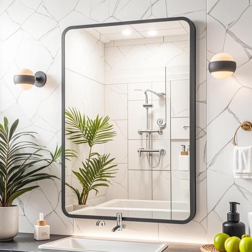 22x28 Black Rectangle Bathroom Mirrors for Over Sink, Bathroom Vanity Mirror for Wall, Black Metal Frame Rectangular Mirror for Restroom Powder Room Toilet, Shatterproof, Tempered Glass