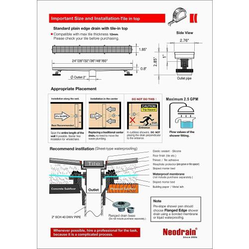 Neodrain Brushed 48-Inch Linear Shower Drain,with 2-in-1 Flat & Tile Insert Brushed Cover, Rectangle Shower Floor Drain, Floor Shower Drain with Adjustable Leveling Feet, Hair Strainer