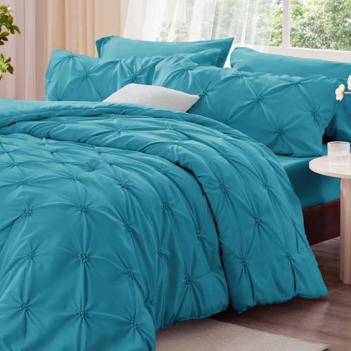 BEDELITE Teal King Size Comforter Set - 3 Pieces Boho Pintuck Bedding Comforter Sets, Lightweight Soft & Warm King Bedding Set with 2 Pillowcases for All Season