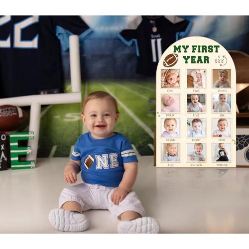 Partico My First Year Photo Board - Baby's First Year Photo Frame 12 Months Milestone Board Football Photo Display Wood Board 1st Birthday Picture Frame Decorations (fits 4 x 4 photo)