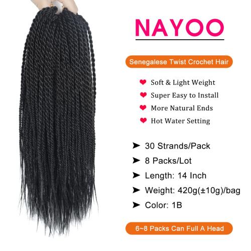 NAYOO Senegalese Twist Crochet Hair for Kids - 8 Packs 14 Inch Small Crochet Hair for Black Women, 30 Strands/Pack Black Crochet Braids Hair, Crochet Twist Hair Hot Water Setting(14 Inch, 1B)