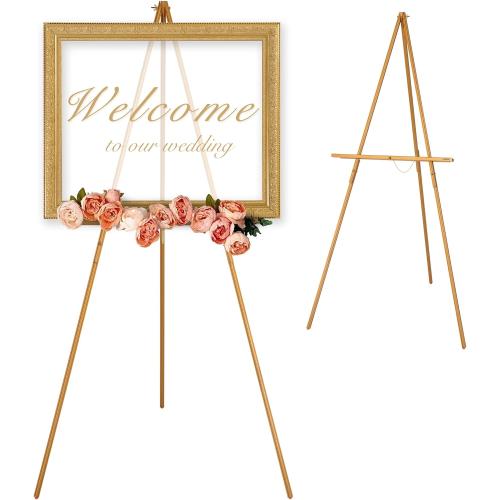 VISWIN Upgraded 63 Gold Wooden Easel Stand for Sign, Tripod Easel for Wedding Sign Stand, Welcome Board, Poster, Picture, Canvas Art Easel Floor with Tray for Display & Painting