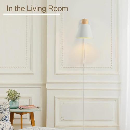 White Plug in Wall Sconces with Switch for Bedroom, Modern Rotation Wall Lamps Up Down E26 Mounted Fixture Wood Metal Lighting Switch Bedside Decor Reading Lights for Kids Bedroom, Living Room