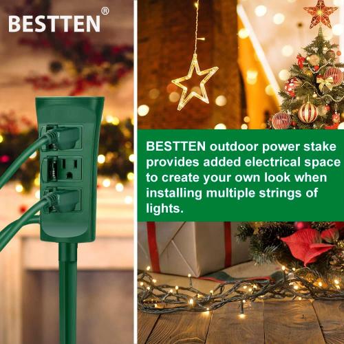 Size 30ft BESTTEN Outdoor Power Stake with 30ft Ultra Long Extension Cord, 3-Outlet Power Strip with Weatherproof Protective Covers, ETL Listed, Green