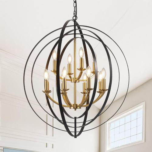 WJShome 31.5 Black and Gold Chandelier, 12-Light Modern Chandelier for Entryway, Round Pendant Light Fixtures, Large Foyer Chandeliers for High Ceilings, Adjustable Hanging Ceiling Lighting Fixtures