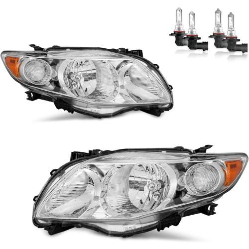 KarSpareHub Headlights Assembly for 2009-2010 Toyota Corolla Halogen Headlamp Replacement Chrome Housing Amber Reflector Passenger and Driver Side