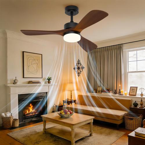 42 Inch Ceiling Fans with Lights and Remote Control, Walnut Ceiling Fan with Light for Bedroom, Living Room, Covered Outdoor, 6 Speeds Reversible Noiseless DC Motor, 3CCT, Dimmable LED Light