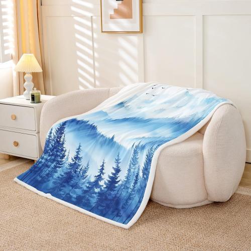 Blue Pine Tree Bed Blanket Kids Girls Misty Style Sherpa Blanket Soft Cozy Lightweight Natural Landscape Plush Fleece Foggy Mountain Blanket Gifts for Bed Chair Office Sofa(Throw 50x60)