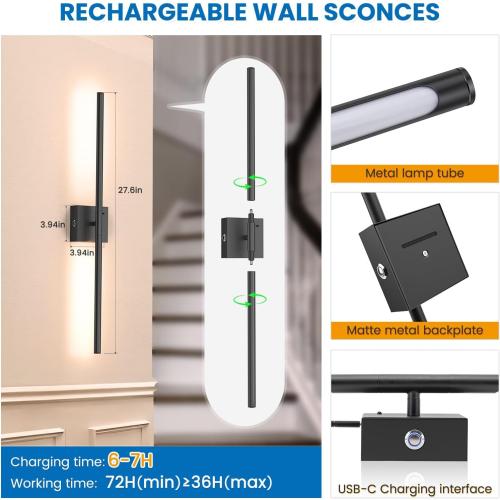 NIORSUN 28 Inch Battery Operated Wall Sconce Set of 2, 360° Rotation Black Rechargeable Wall Lights with Detachable Tube and Remote, 3CCT Dimmable Wall Lamp for Living Room Bedroom Hallway