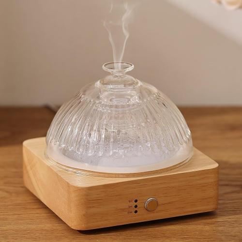 Light Brown Wood and Glass Essential Oil Diffuser with Glass Reservoir & Wood Base, 200ml Ultrasonic Lock Color Timer Auto-Off 7 Color Light Aroma Glass Dome Diffuser for Home Office Bedroom Yoga