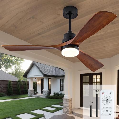 52 Inch Ceiling fans with Lights and Remote,Wood Outdoor Ceiling Fan for Patios with Dimmable LED Light,3 Blades Walnut,Noiseless Reversible DC Motor,Modern Fan for Indoor,Farmhouse