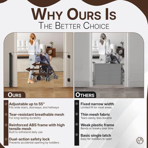 Arshnayas Retractable Baby Gate – 35 Tall, 55 Wide Mesh Safety Gate for Dogs & Babies, Indoor/Outdoor Use for Stairs, Doorways, Hallways, Deck & Porch – Easy One-Handed Wall Mount Design
