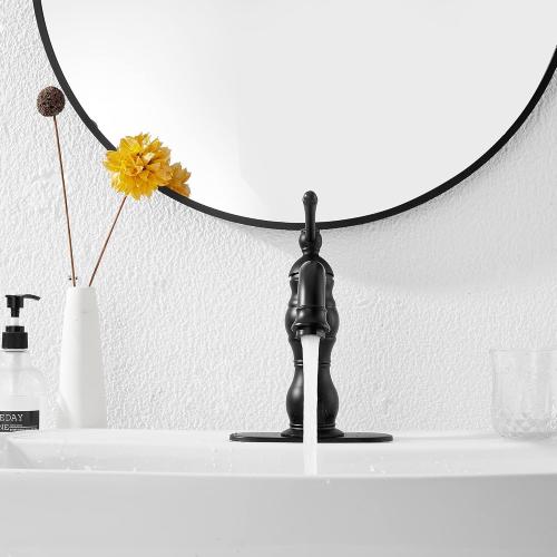 Matte Black Bathroom Faucet GGStudy 360° Swivel Bathroom Vanity Faucet Single Handle One Hole Black Bathroom Sink Faucet Basin Matching Pop Up Drain with Overflow