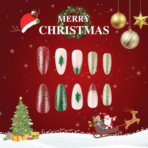 24Pcs Christmas Almond Fake Nails Short Press on Nails Pink Green Golden Acrylic Nails French Tip with Xmas Tree Glossy Glitter Glue on Nails Winter Stick on Nails Christmas Nails for Women