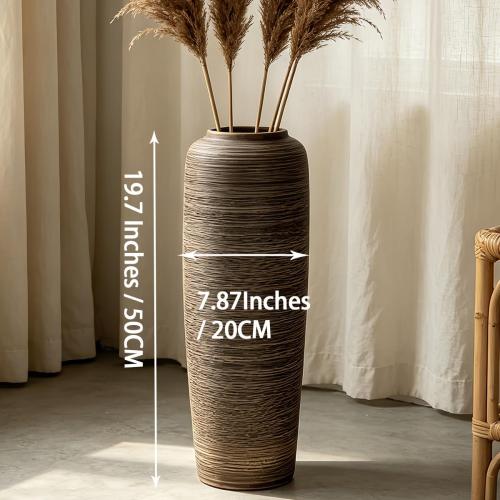 19.7 Inch Rustic Ceramic Large Floor Vase, Ribbed Textured Rustic Farmhouse Vase for Pampas Grass, Living Room & Entryway Décor, Handmade Ceramic Accent