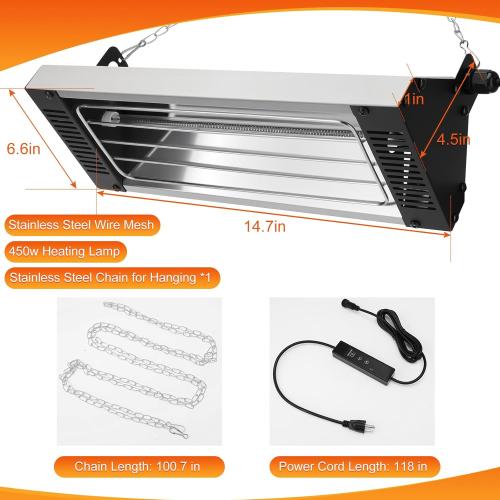 450W Heat Lamp for Chickens, Large Chicken Coop Heater, Carbon Fiber Chicks Brooder Heaters Plate, Adjust 5 Mode Temp&Time&Hanging Height, 9.8 Ft Cord Heater for Poultry Livestock Heating