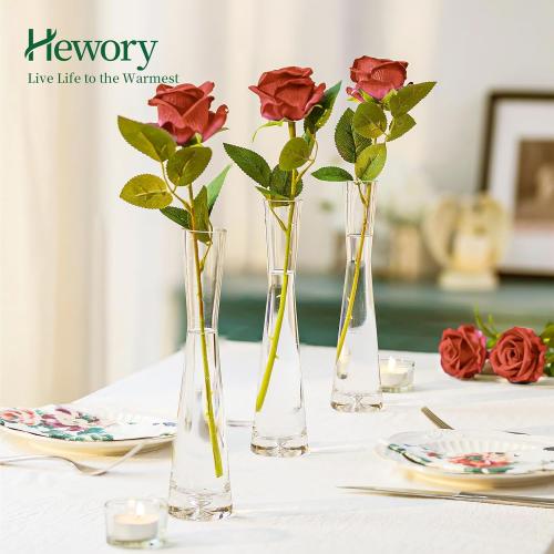 Hewory Glass Bud Vases for Centerpieces Set of 6, Handmade Modern Clear Small Skinny Decorative Single Flower Vase, Minimalist Slim Floral Vase for Home Wedding Party Events Table Decor,
