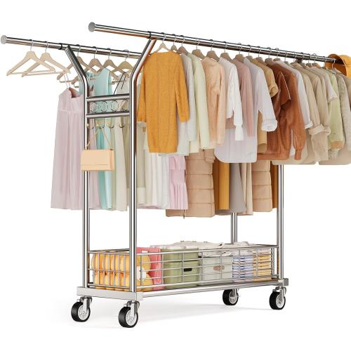 Heavy Duty Clothes Rack - Double Rod Clothing Racks for Hanging Clothes, Portable & Adjustable Garment Rack with Wheels, Rolling Clothes Rack Load 670LBS for Bedrooms, Laundry, Closet (Sliver)