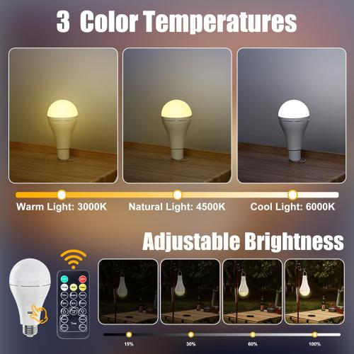 Brightown E26 Rechargeable Light Bulb with Remote and Timer, Battery Backup Bulb for Sconces and Lamps, Hanging LED Light Bulb with Hook for Camping Tent, Dimmable, 3 Color Temperatures, 2 Pack