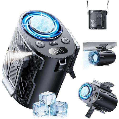Portable Waist Fan with Ice Cooling, 4-in-1 Clip-On Fan for Car/Shirt/Hat/Belt, 16000RPM Strong Airflow, 12H Runtime, 100 Speed Settings, Wearable Fan for Outdoor Work, Camping, Travel Black