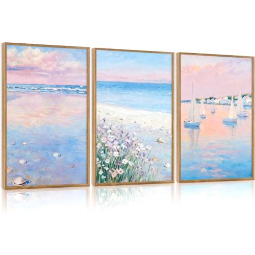 IARTTOP Pink Beach Wall Art Coastal Landscape Wall Decor Seascape Art Print | 24”x36”x3 Framed Sea Landscape Canvas Poster,Pink Coastal Room Decor,Beach Landscape Wall Art,Coastal Beach Wall Decor
