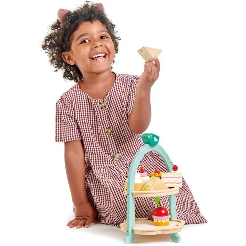 Tender Leaf Toys - Mini Chef Birdie Afternoon Tea Stand – Realistic English Sandwich, Cake and Pastry Tower for Pretend Play High-Tea Party - Social, Creative, and Imaginative Role Play - Age 3