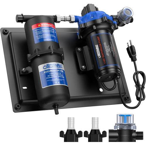 CrestWave RV Water Pump 110V AC 7GPM 70PSI and 1L 125PSI Pre-Pressurized Accumulator Tank, Quiet Water Transfer Pump and Accumulator Tank System for Home Water System, Irrigating & Industrial Settings