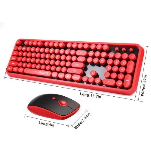Red Wireless Keyboard and Mouse Combo, Retro Typewriter Style Round Key Keyboard with Bubble Keycaps, 2.4GHz Creamy Clicky Aesthetic Full Size Keyboard with Number Pad for PC Laptop Desktop